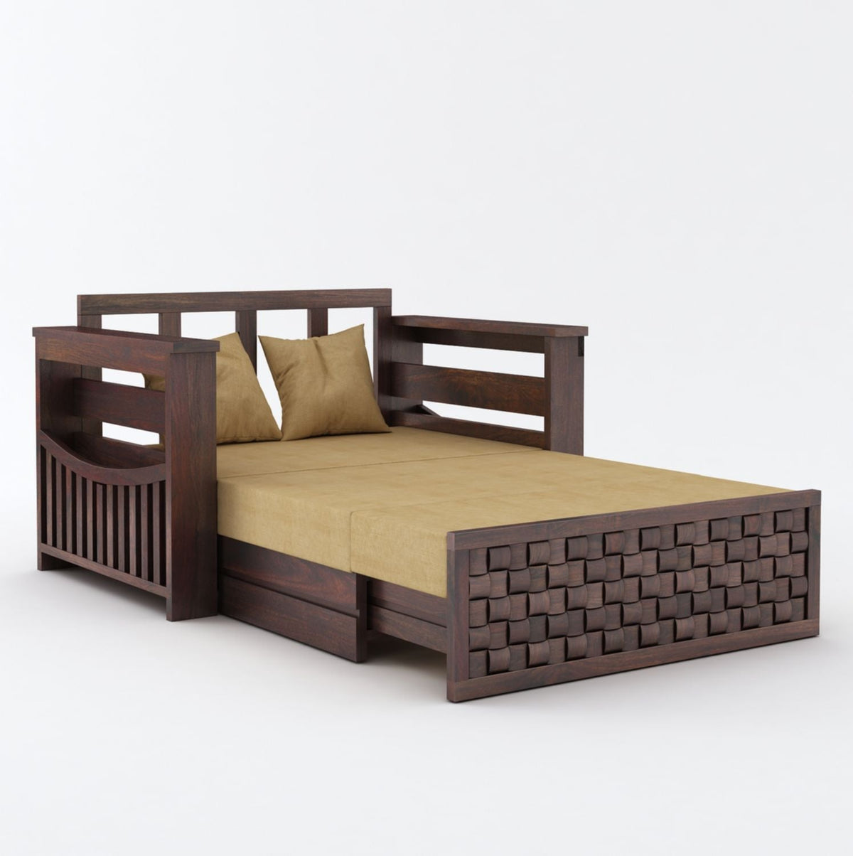 Olivia Solid Sheesham Wood 2 Seater Sofa Cum Bed (Walnut Finish)