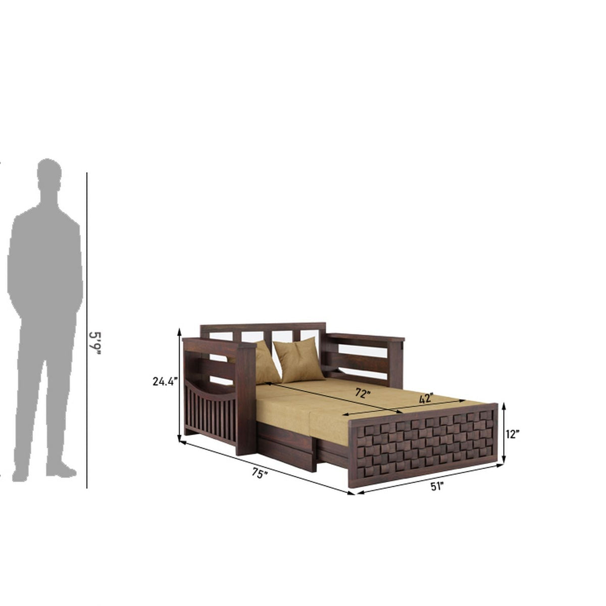 Olivia Solid Sheesham Wood 2 Seater Sofa Cum Bed (Walnut Finish)