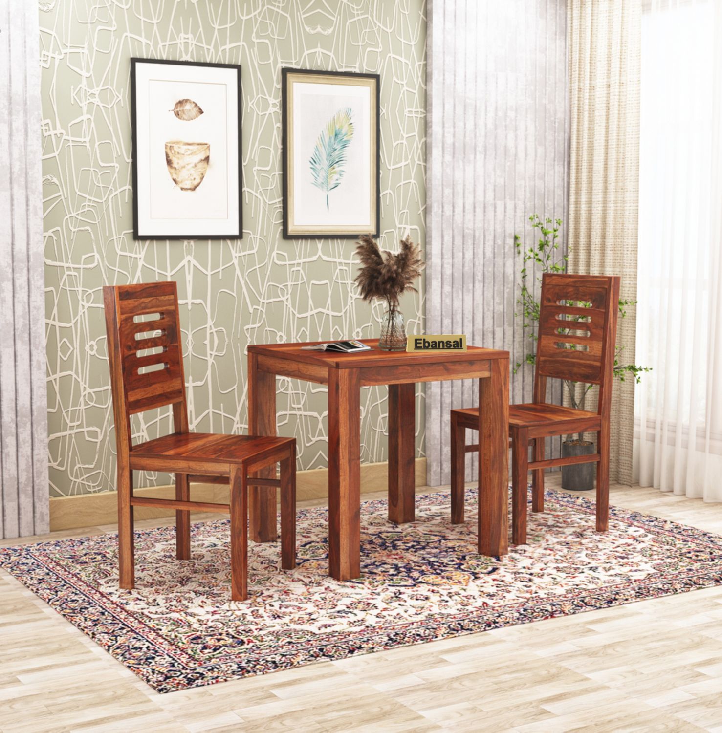 Due Solid Sheesham Wood Two Seater Dining Set (Plan Chairs, Natural Finish)