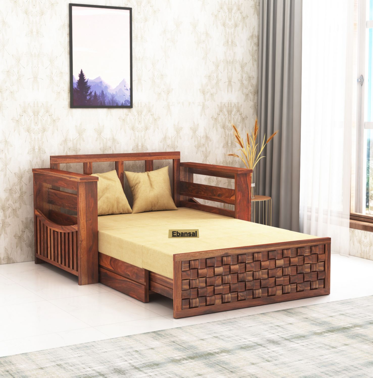 Olivia Solid Sheesham Wood 2 Seater Sofa Cum Bed (Natural Finish)