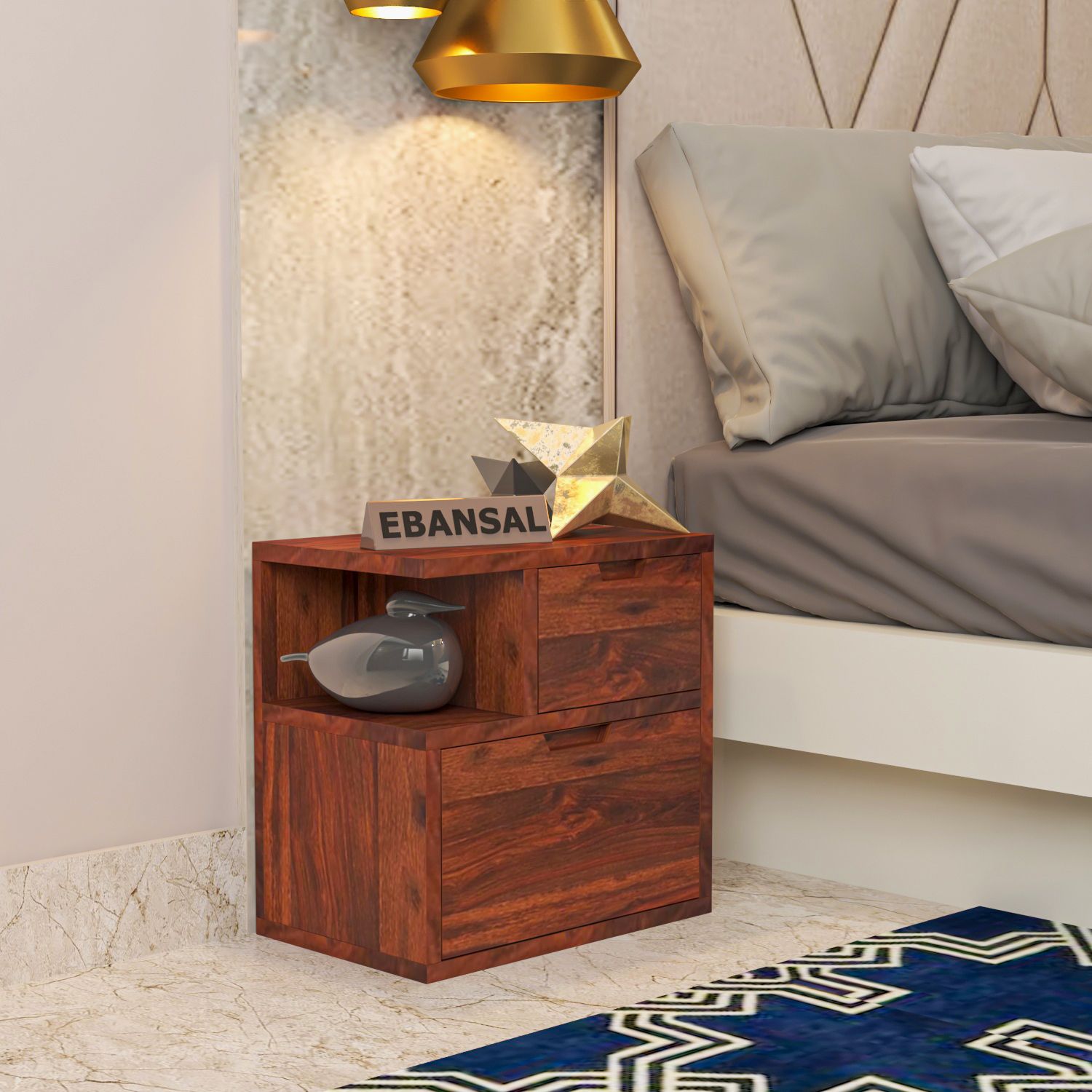 Dumdum Solid Sheesham Wood Bedside Table With Drawers (Natural Finish)