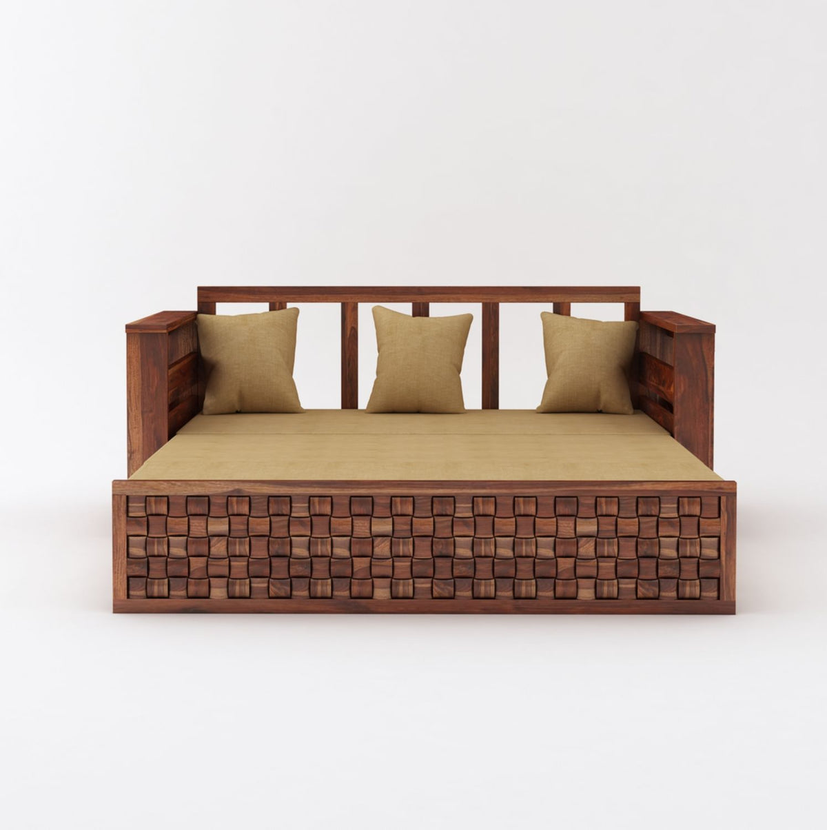 Olivia Solid Sheesham Wood 3 Seater Sofa Cum Bed (Natural Finish)