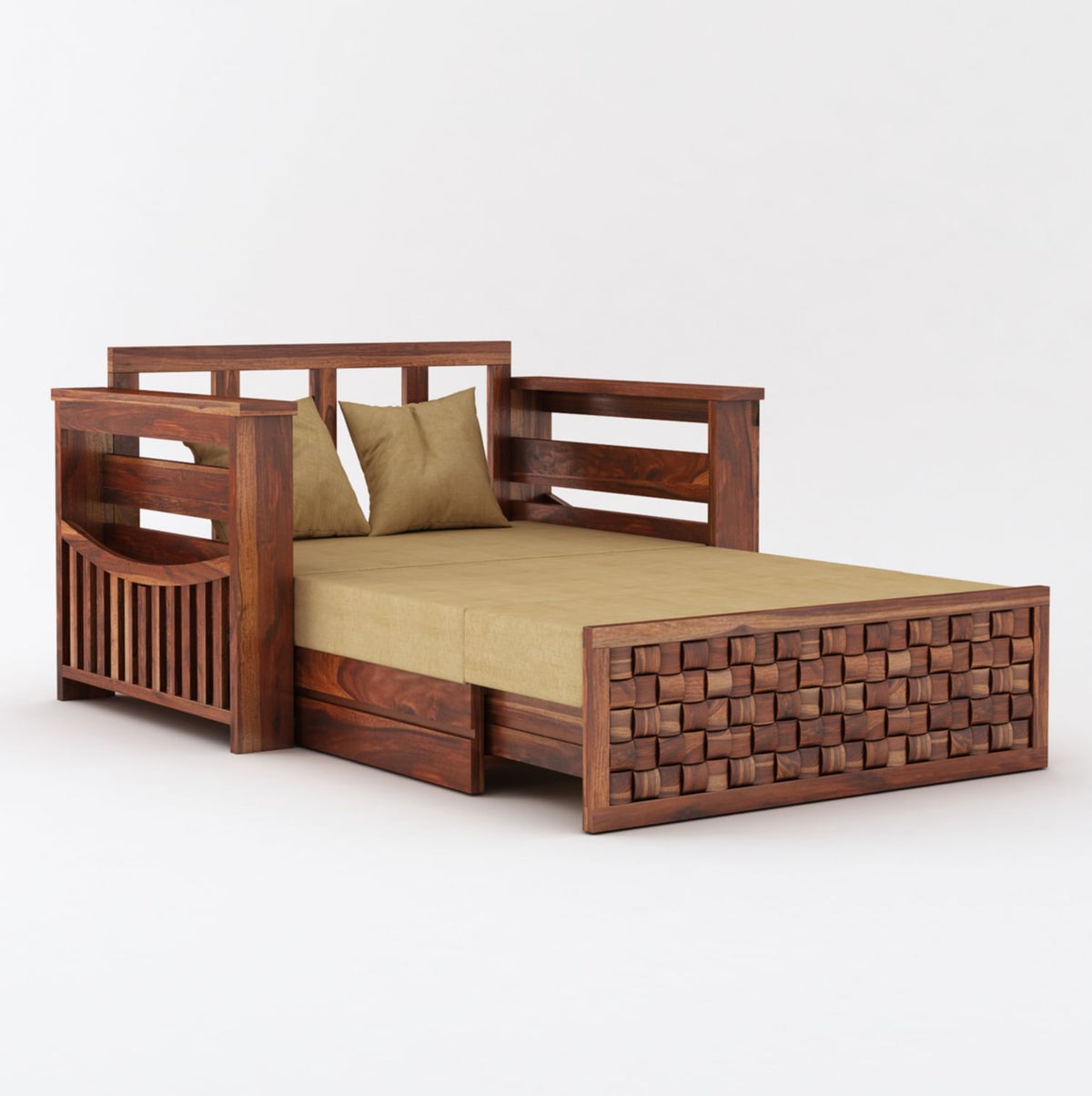 Olivia Solid Sheesham Wood 2 Seater Sofa Cum Bed (Natural Finish)