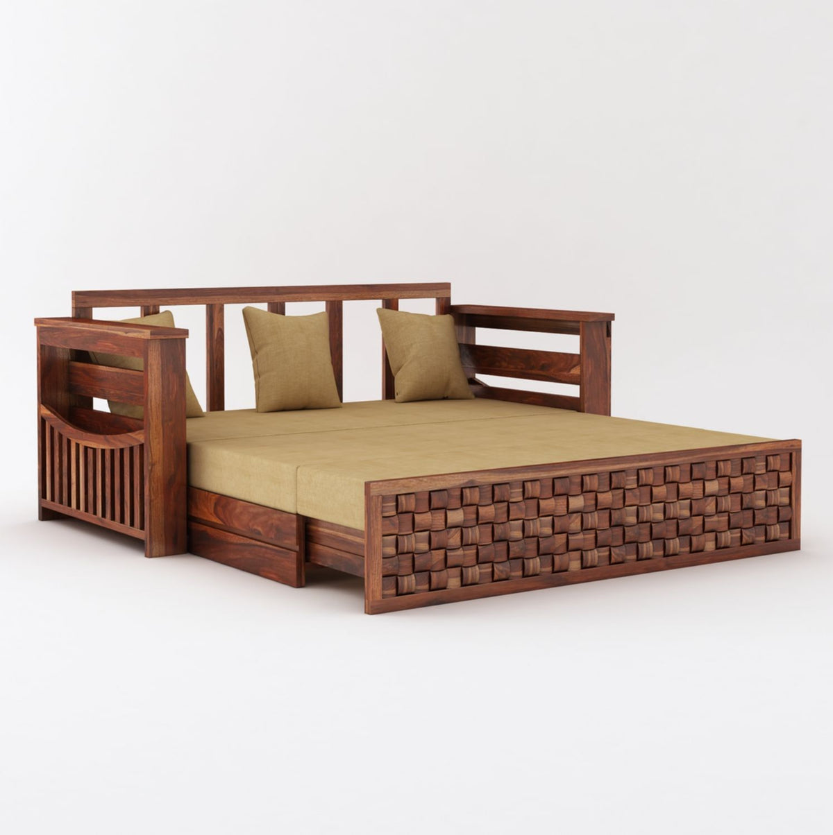 Olivia Solid Sheesham Wood 3 Seater Sofa Cum Bed (Natural Finish)