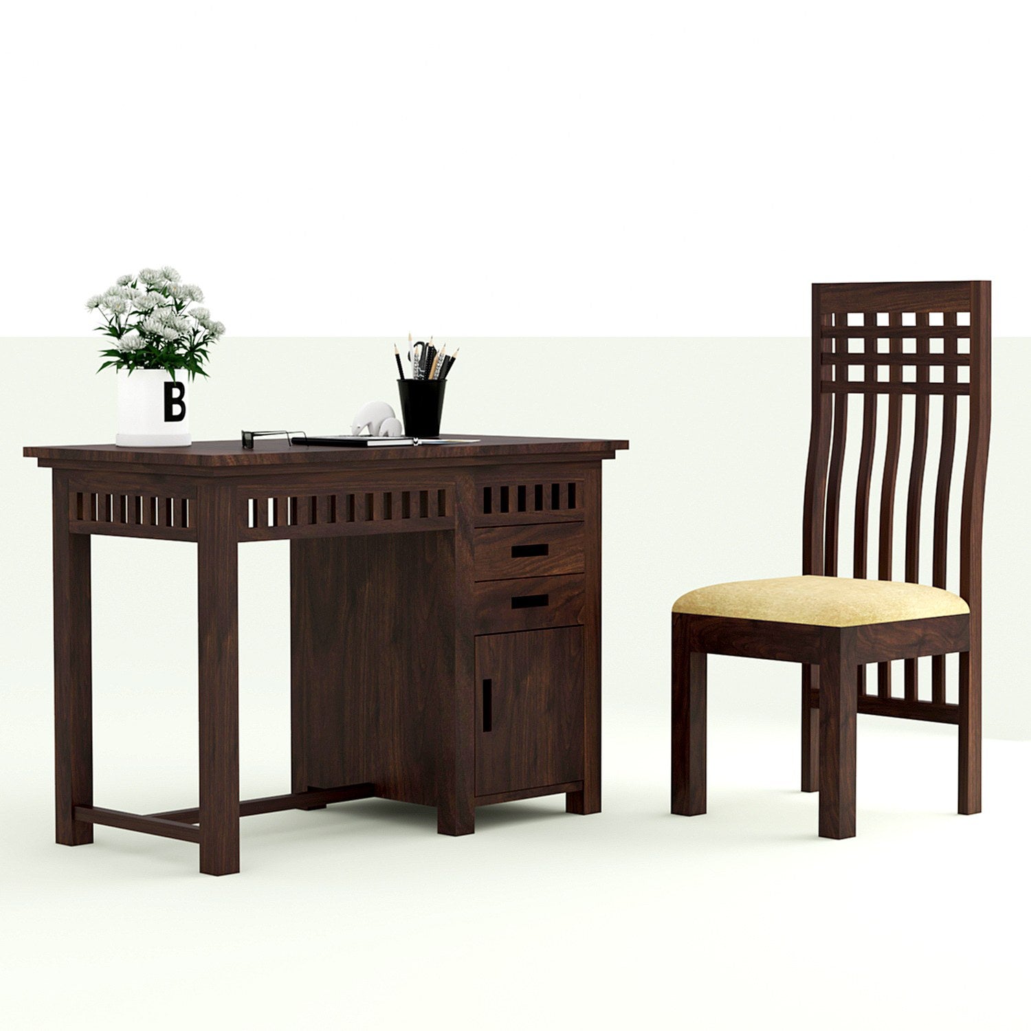 Amer Solid Wood Study Table With Chair For Home (Walnut Finish)