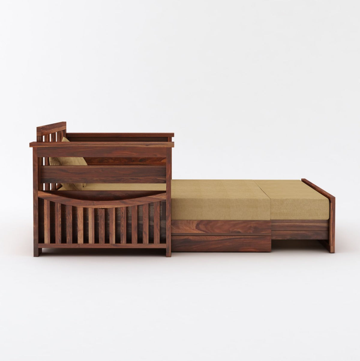 Olivia Solid Sheesham Wood 2 Seater Sofa Cum Bed (Natural Finish)