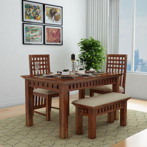 Amer Solid Sheesham Wood 4 Seater Dining Set With Bench (With Cushion, Natural Finish)