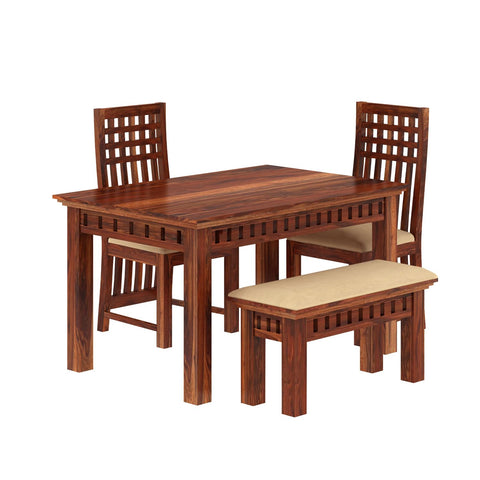 Amer Solid Sheesham Wood 4 Seater Dining Set With Bench (With Cushion, Natural Finish)