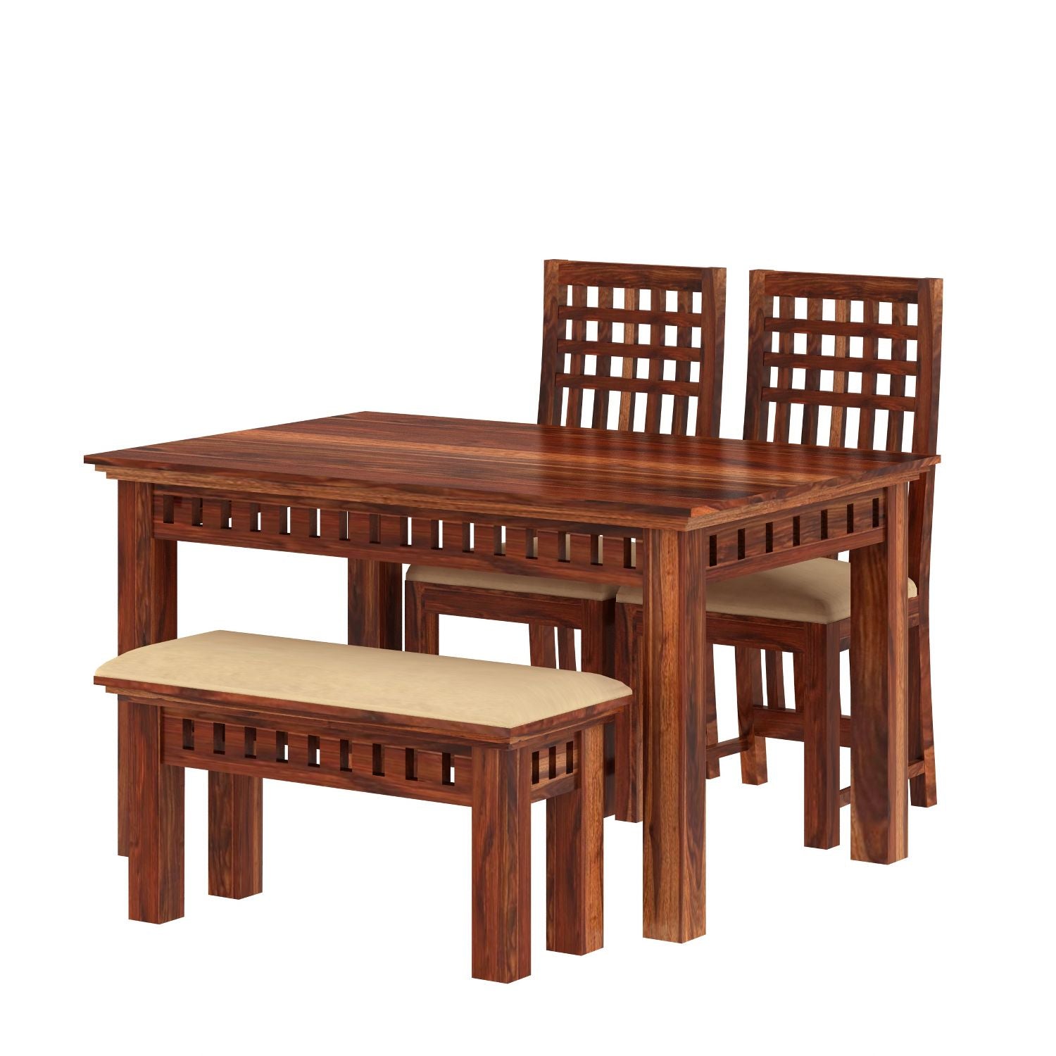 Amer Solid Sheesham Wood 4 Seater Dining Set With Bench (With Cushion, Natural Finish)