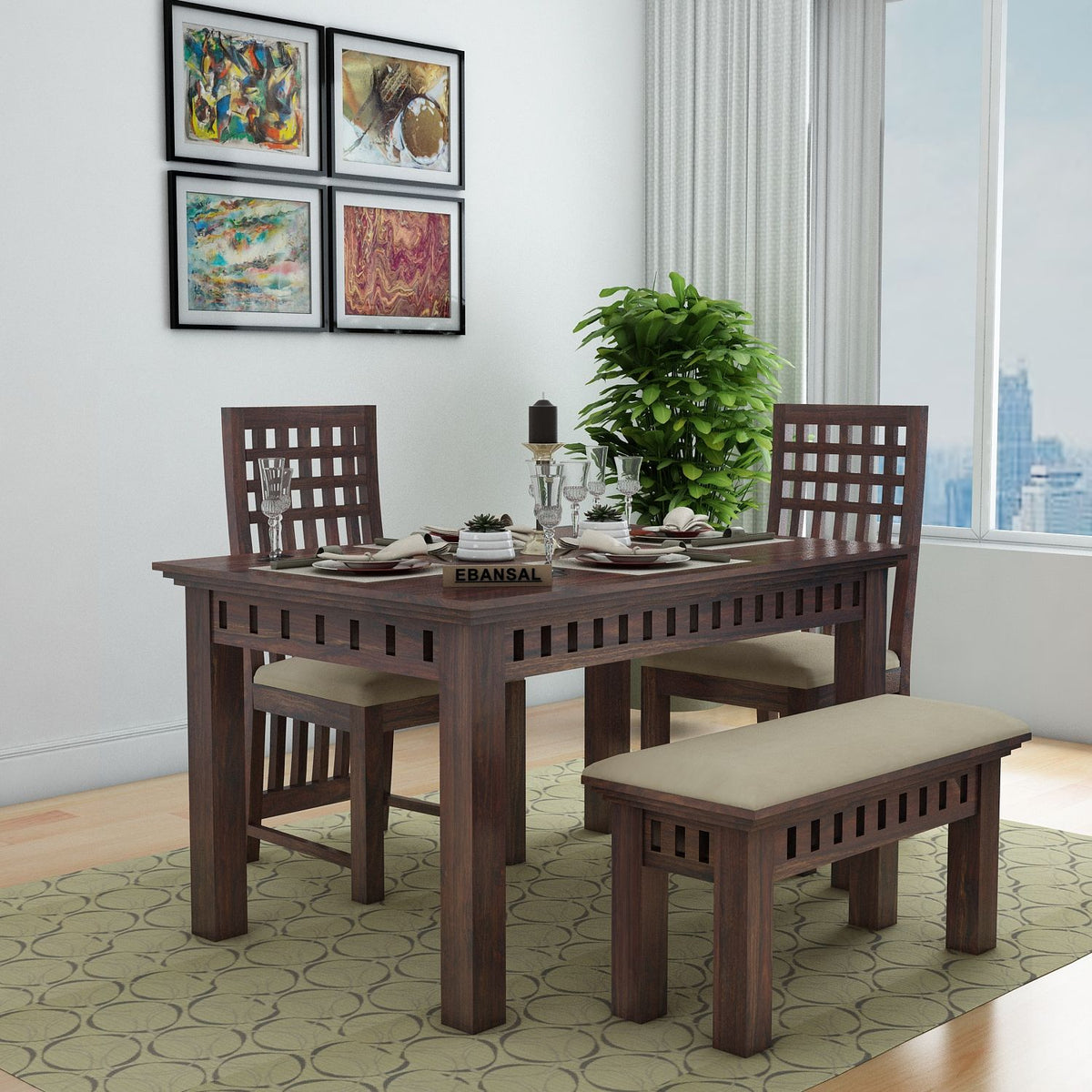 Amer Solid Sheesham Wood 4 Seater Dining Set With Bench (With Cushion, Walnut Finish)