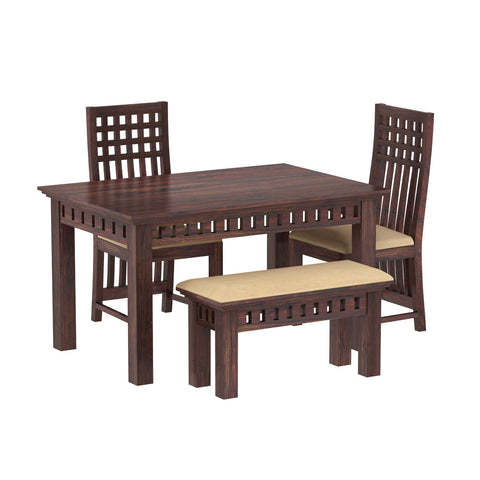 Amer Solid Sheesham Wood 4 Seater Dining Set With Bench (With Cushion, Walnut Finish)
