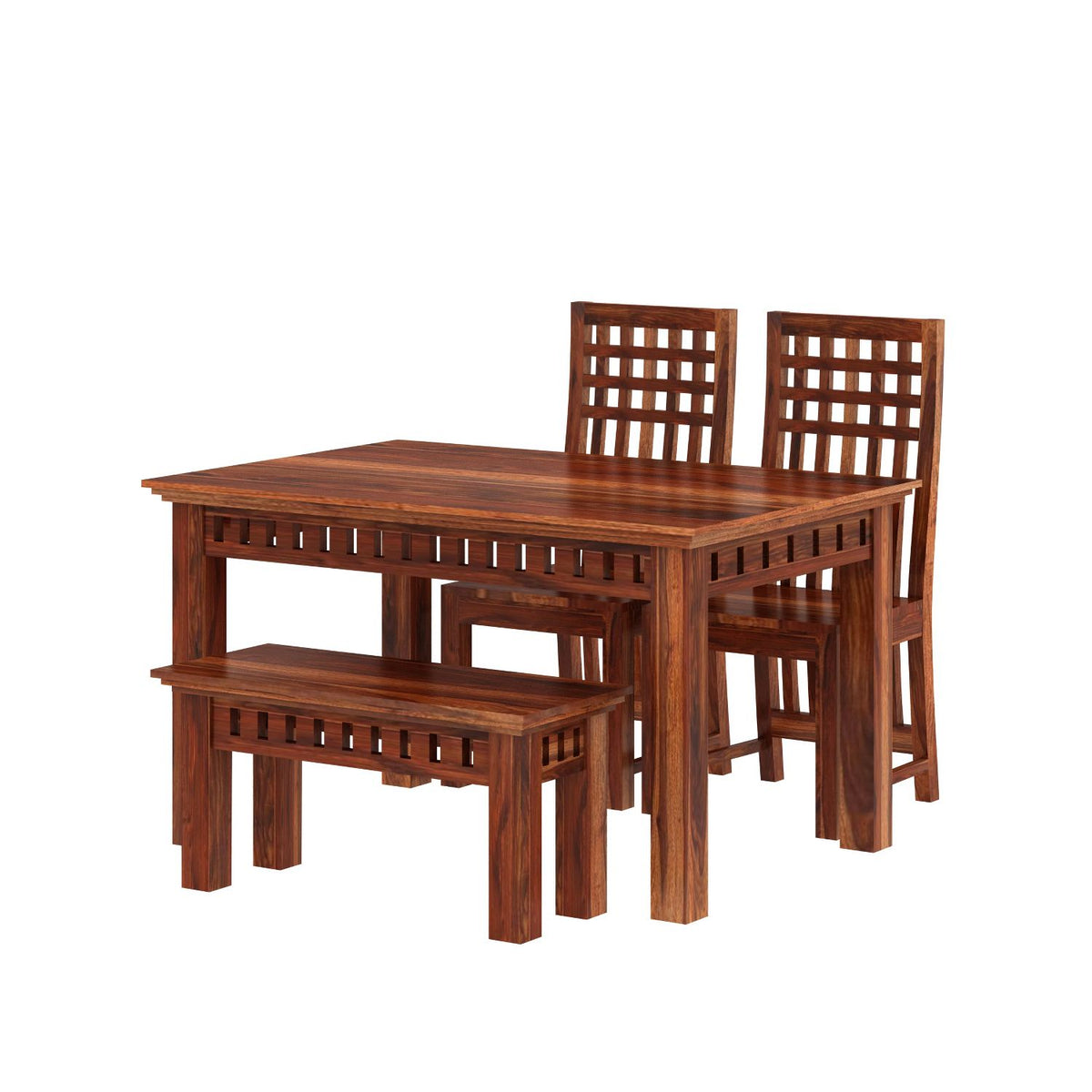 Amer Solid Sheesham Wood 4 Seater Dining Table With 2 Chairs And 1 Bench (Without Cushion, Natural Finish)