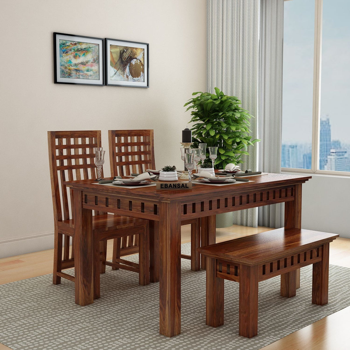 Amer Solid Sheesham Wood 4 Seater Dining Set With Bench (Without Cushion, Natural Finish)
