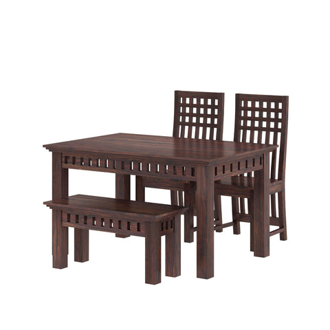 Amer Solid Sheesham Wood 4 Seater Dining Set With Bench (Without Cushion, Walnut Finish)