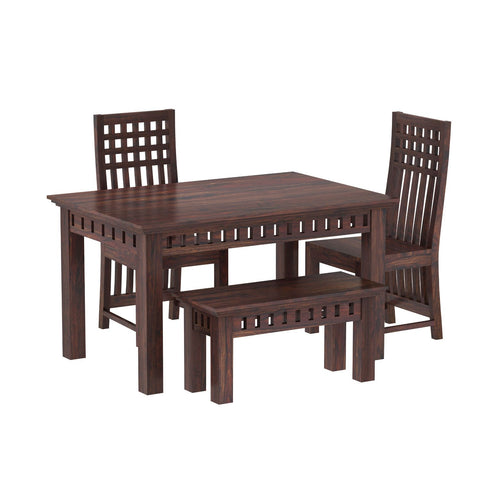 Amer Solid Sheesham Wood 4 Seater Dining Set With Bench (Without Cushion, Walnut Finish)