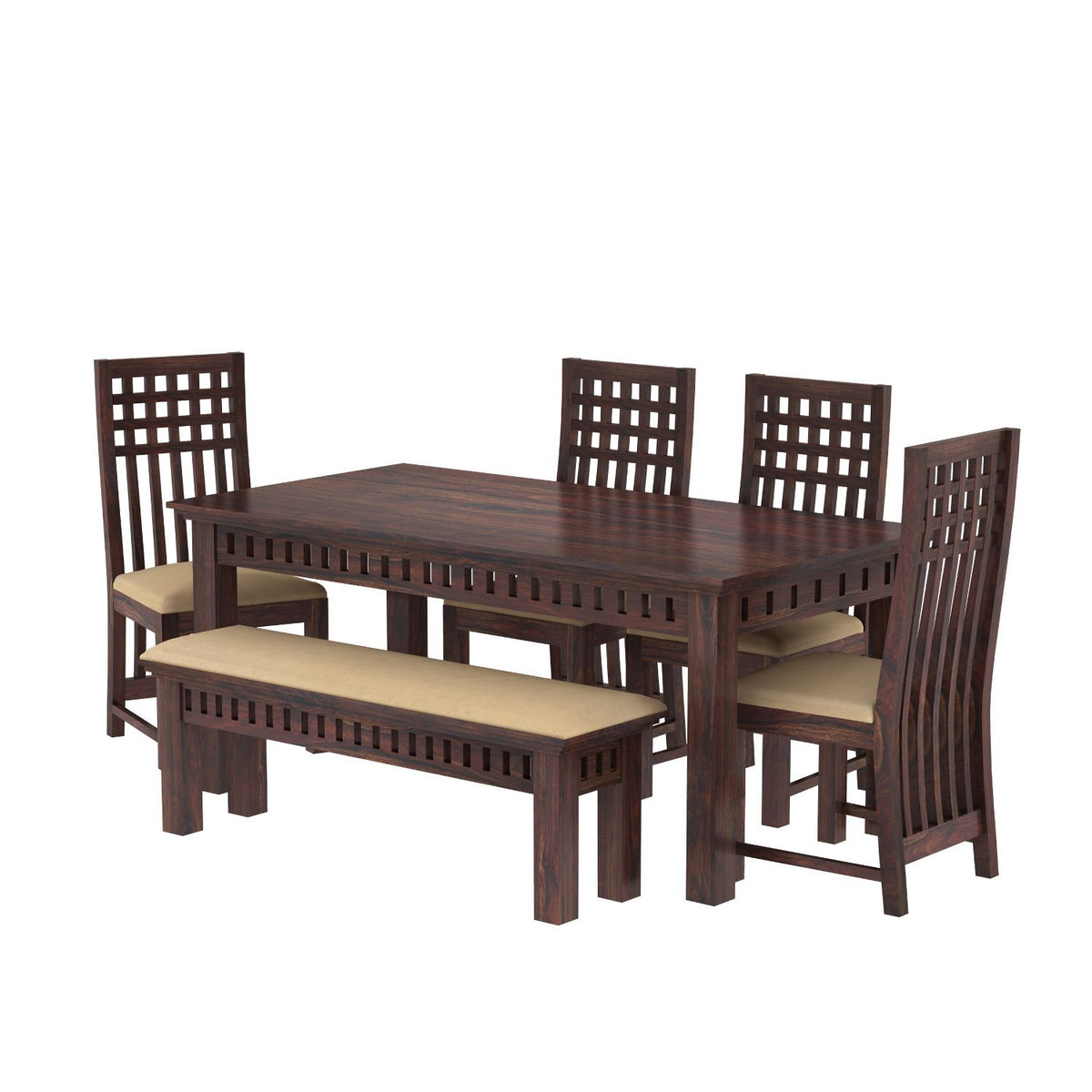 Amer Solid Sheesham Wood 6 Seater Dining Table With 4 Chairs And 1 Bench (With Cushion, Walnut Finish)