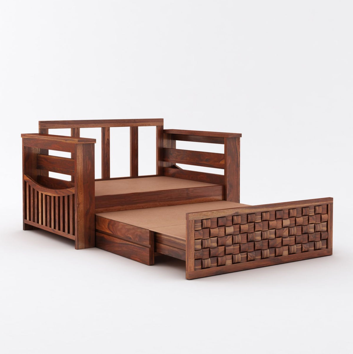 Olivia Solid Sheesham Wood 2 Seater Sofa Cum Bed (Natural Finish)