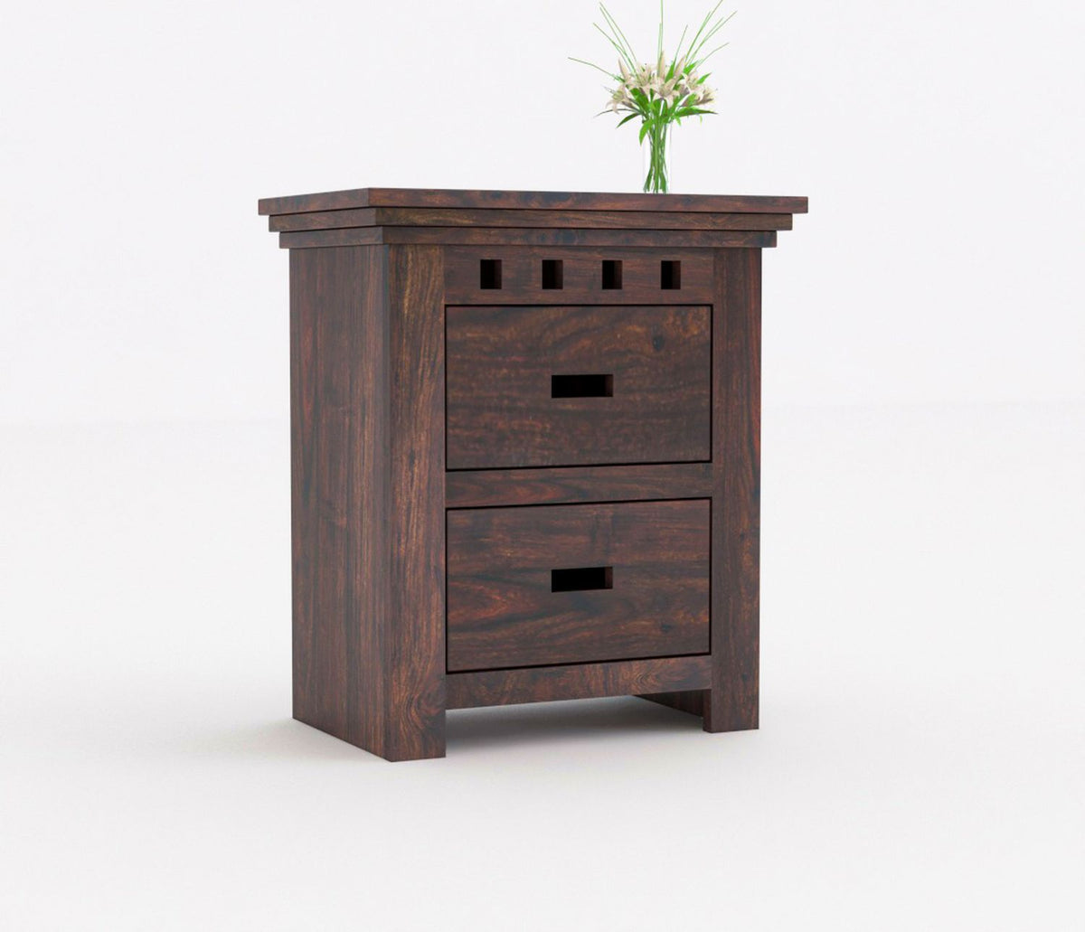 Amer Solid Sheesham Wood Bedside Table With 2 Drawers (Walnut Finish)
