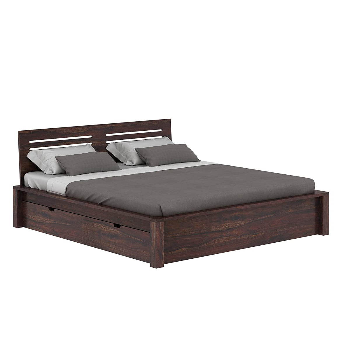 Due Solid Sheesham Wood Bed With Four Drawers (King Size, Walnut Finish)
