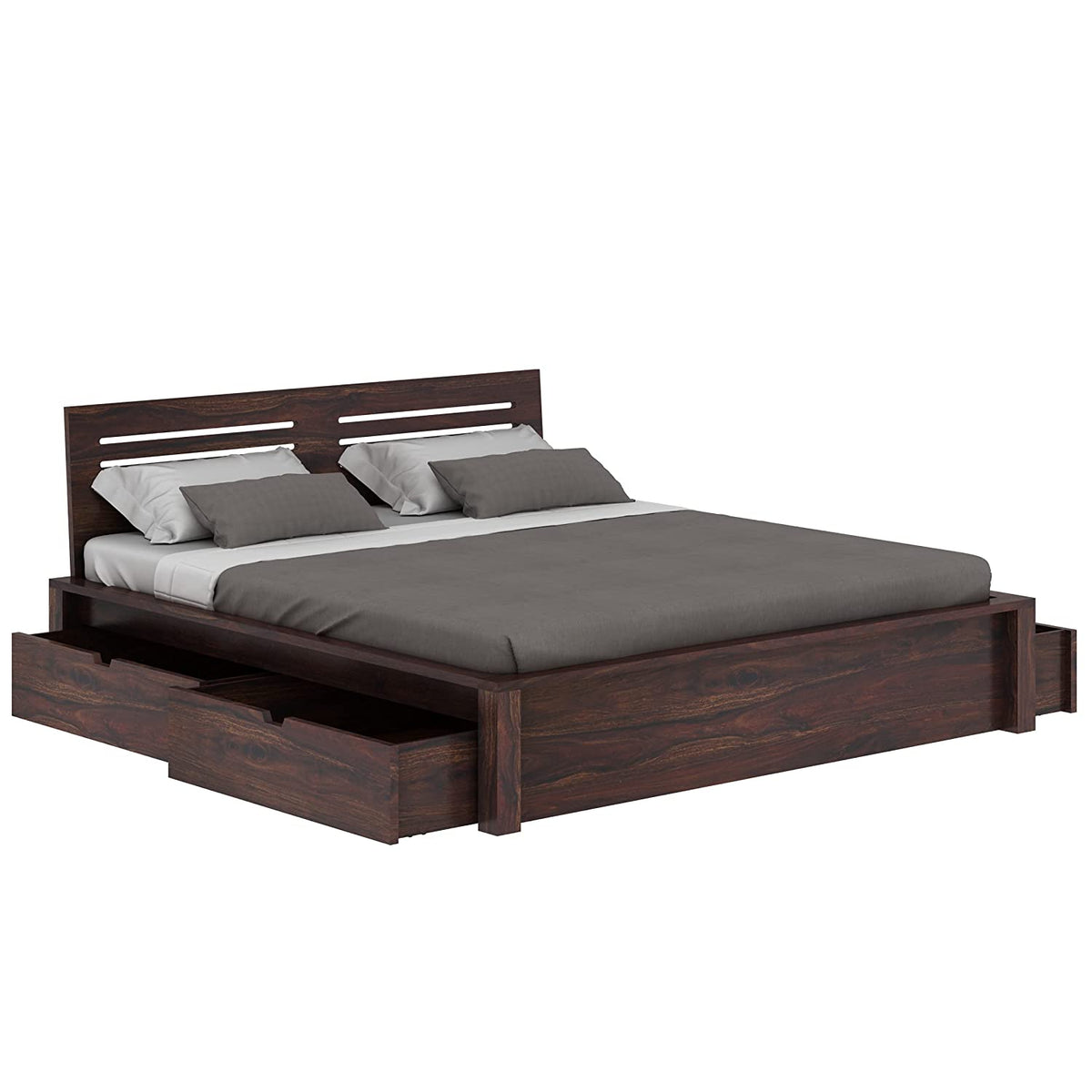 Due Solid Sheesham Wood Bed With Four Drawers (King Size, Walnut Finish)