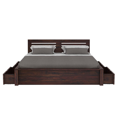 Due Solid Sheesham Wood Bed With Four Drawers (King Size, Walnut Finish)