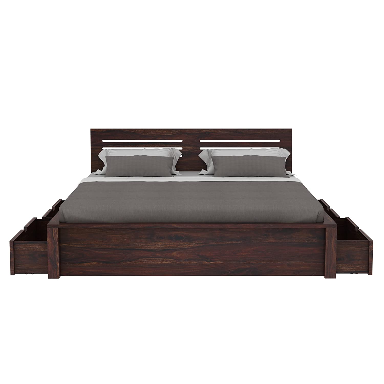 Due Solid Sheesham Wood Bed With Four Drawers (Queen Size, Walnut Finish)