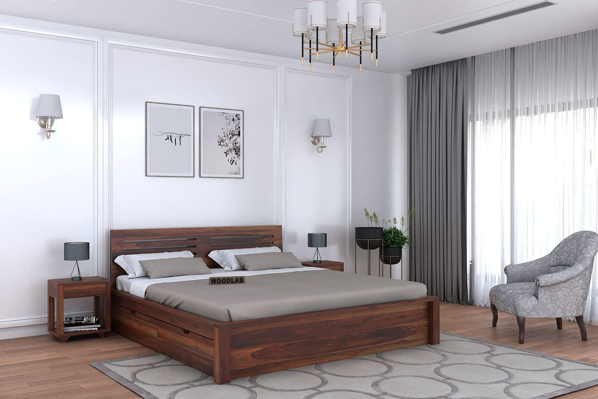 Due Solid Sheesham Wood Bed With Four Drawers (Queen Size, Natural Finish)