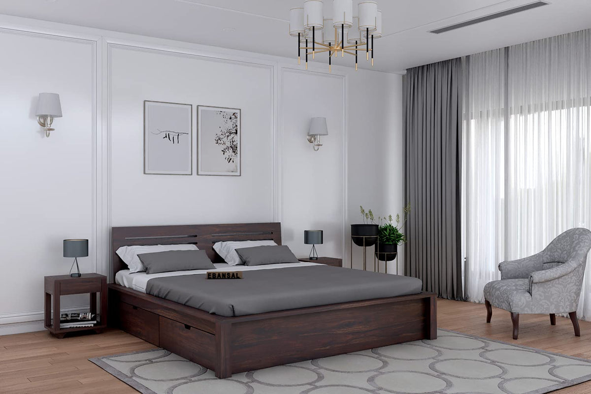 Due Solid Sheesham Wood Bed With Four Drawers (Queen Size, Walnut Finish)