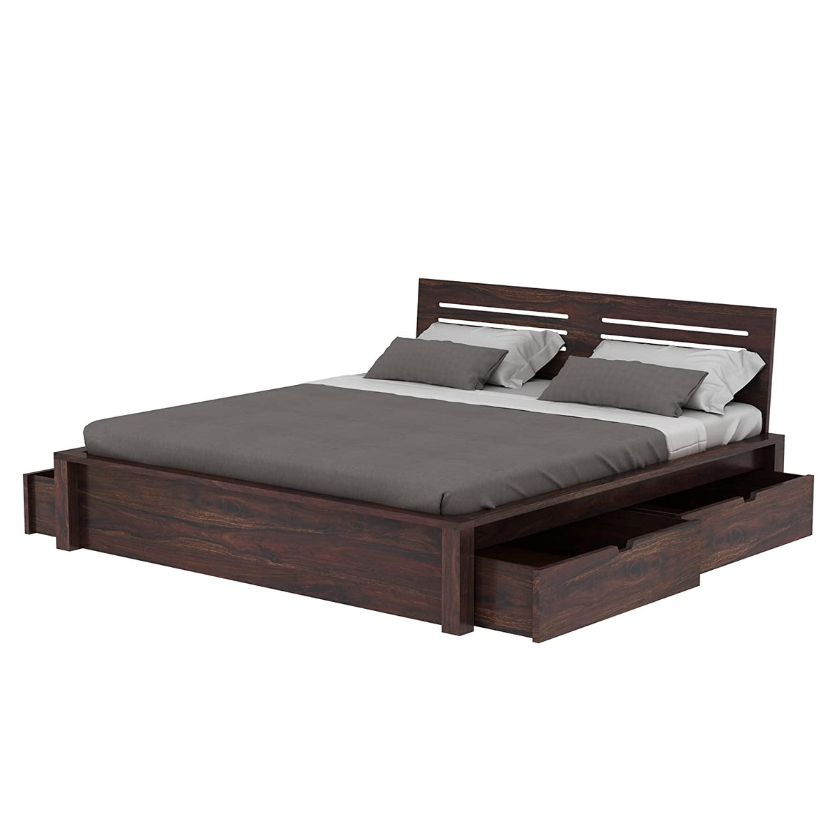 Due Solid Sheesham Wood Bed With Four Drawers (King Size, Walnut Finish)