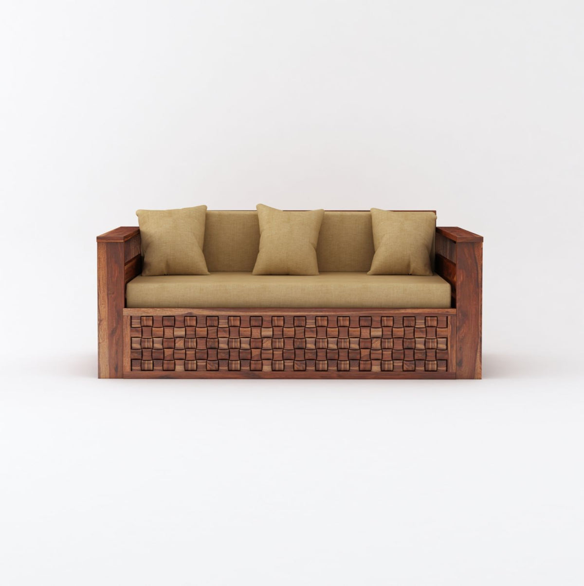 Olivia Solid Sheesham Wood 3 Seater Sofa Cum Bed (Natural Finish)