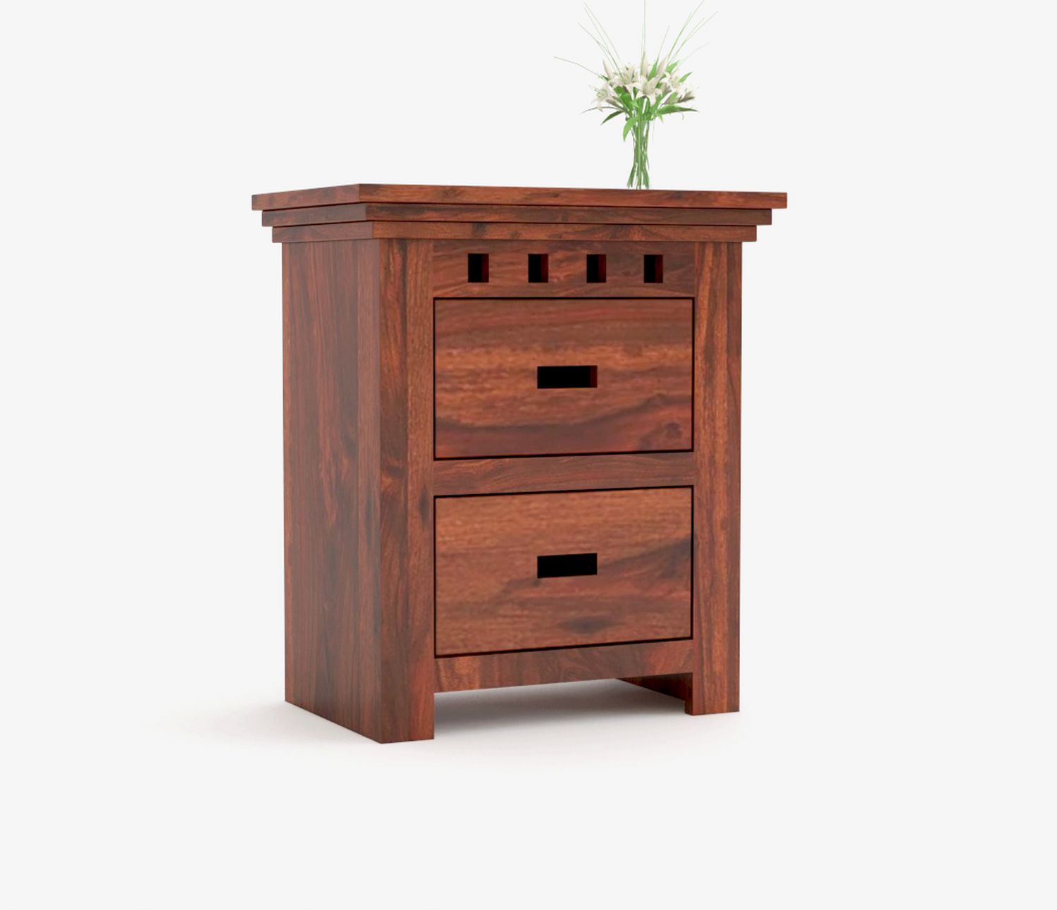 Amer Solid Sheesham Wood Bedside Table With 2 Drawers (Natural Finish)