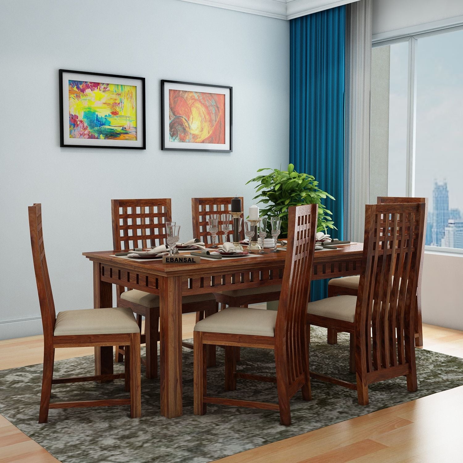 Amer Solid Sheesham Wood 6 Seater Dining Set (With Cushion, Natural Finish)