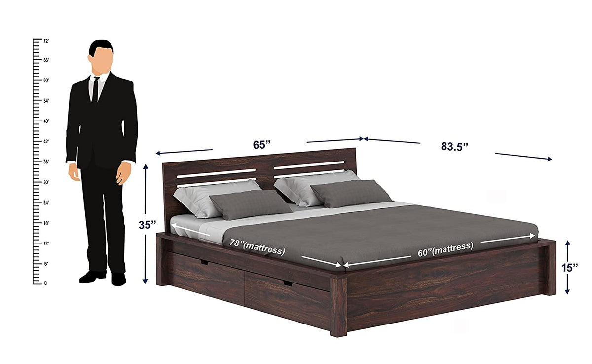 Due Solid Sheesham Wood Bed With Four Drawers (Queen Size, Walnut Finish)