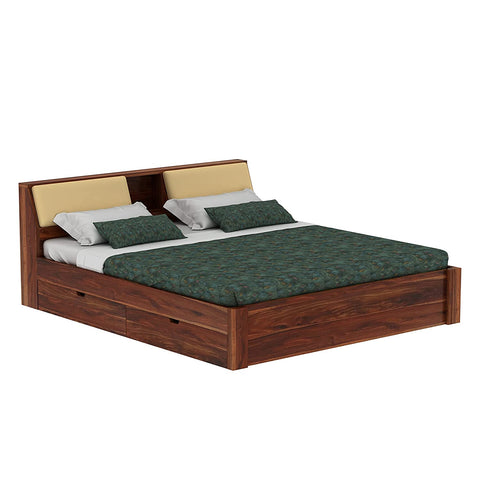 Rubikk Solid Sheesham Wood Bed With Four Drawers (King Size, Natural Finish)