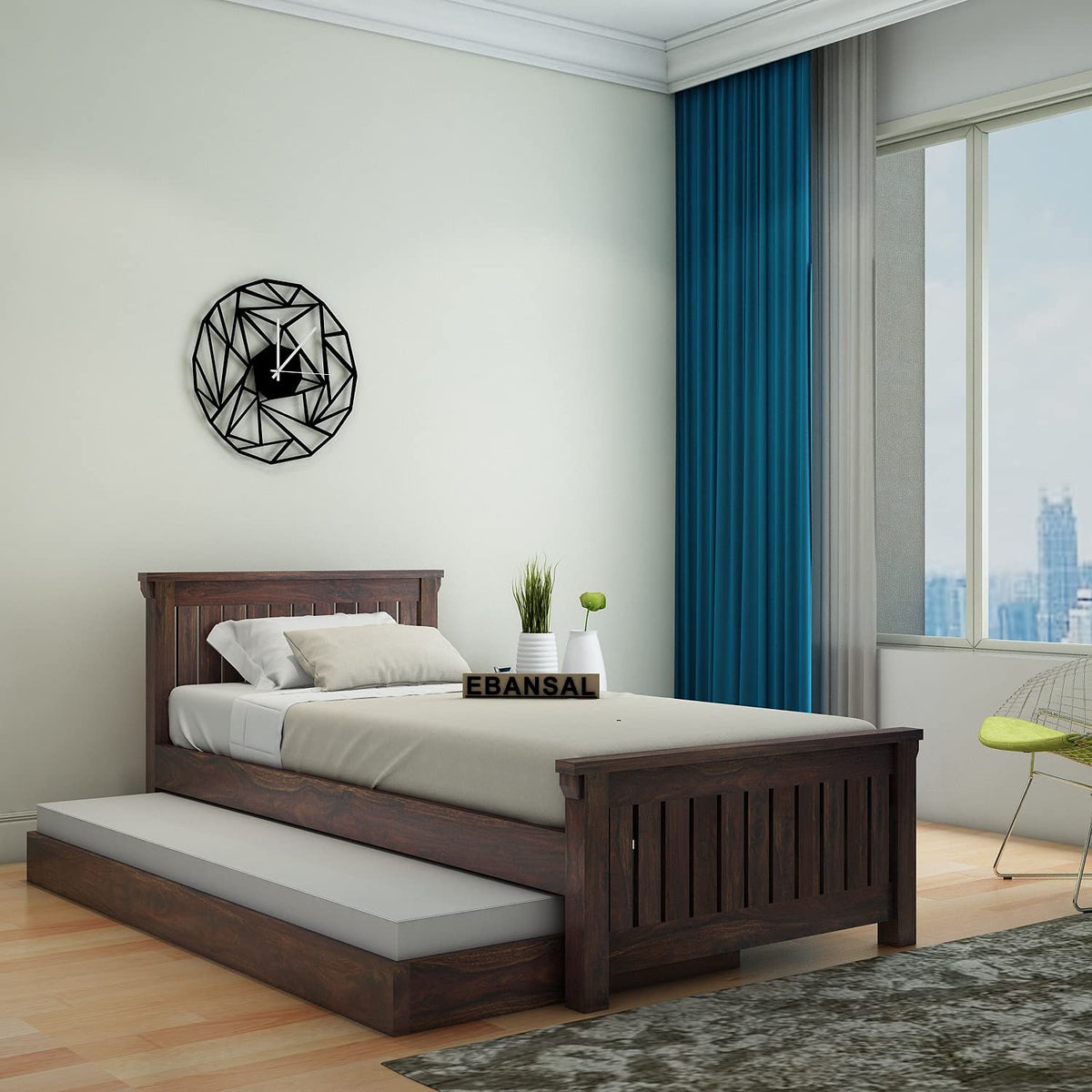 Trinity Solid Sheesham Wood Trundle Bed (Walnut Finish)