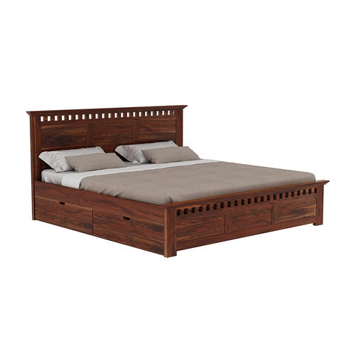 Amer Solid Sheesham Wood Bed With Four Drawers (King Size, Natural Finish)