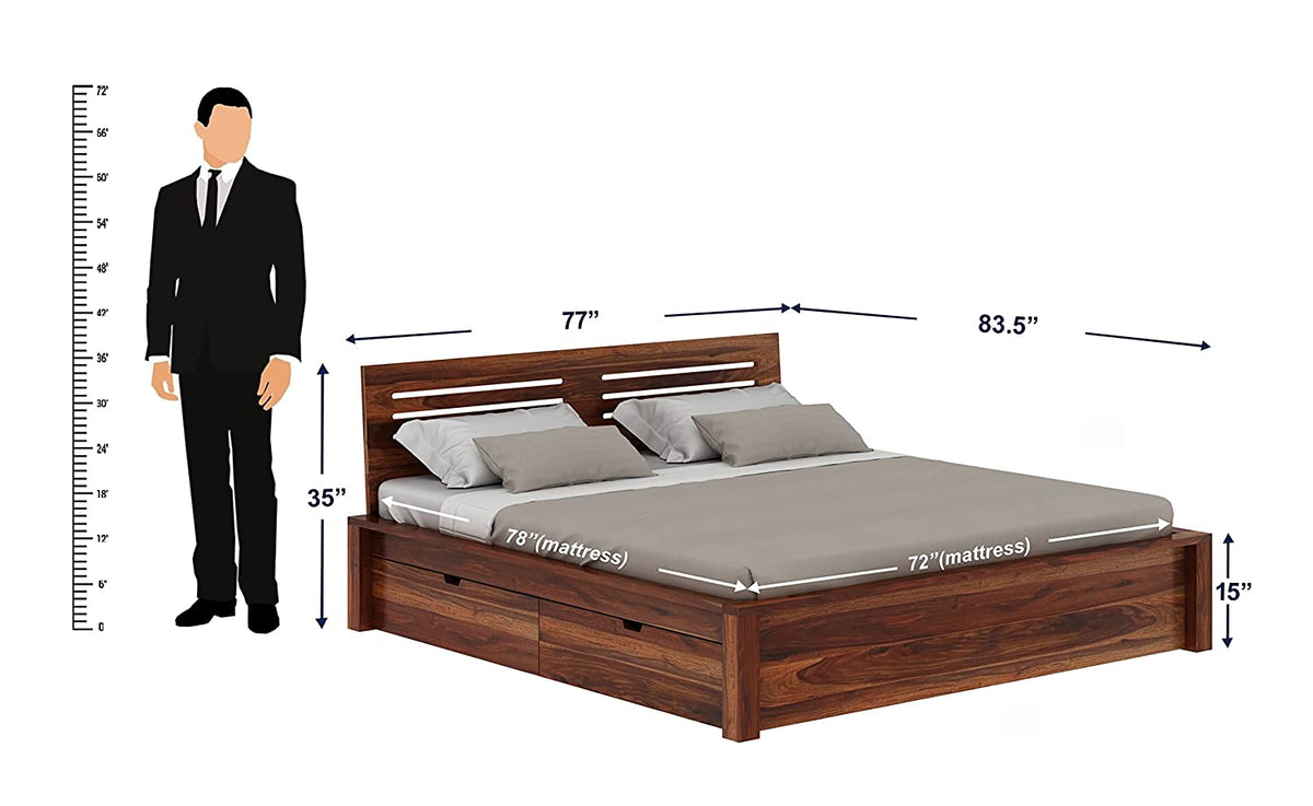 Due Solid Sheesham Wood Bed With Four Drawers (King Size, Natural Finish)