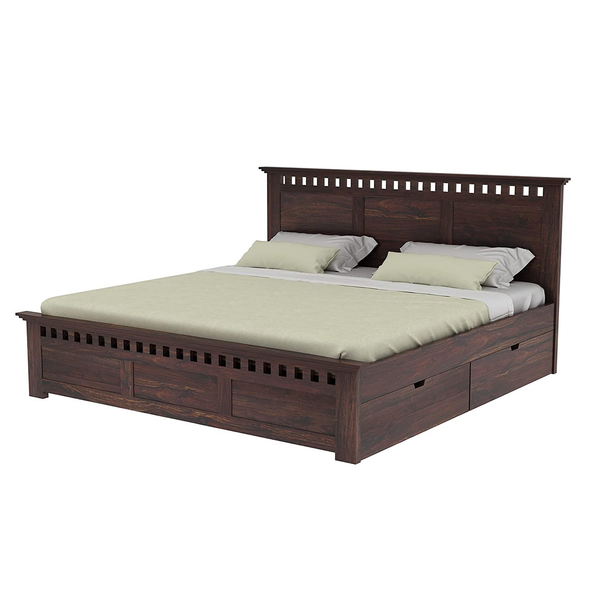 Amer Solid Sheesham Wood Bed With Four Drawers (Queen Size, Walnut Finish)