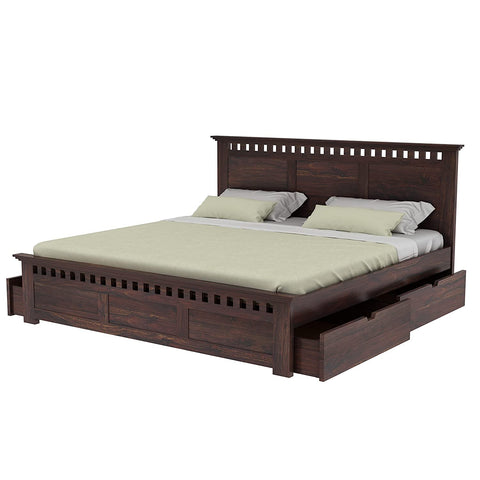 Amer Solid Sheesham Wood Bed With Four Drawers (Queen Size, Walnut Finish)