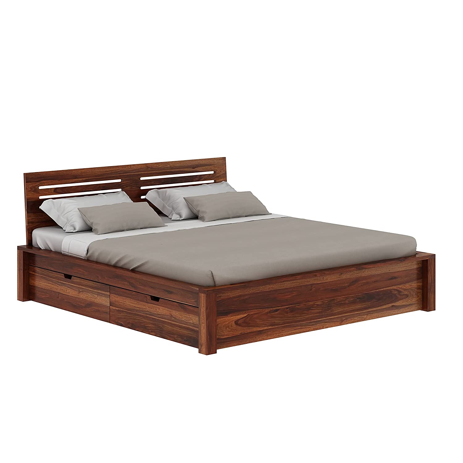 Due Solid Sheesham Wood Bed With Four Drawers (Queen Size, Natural Finish)