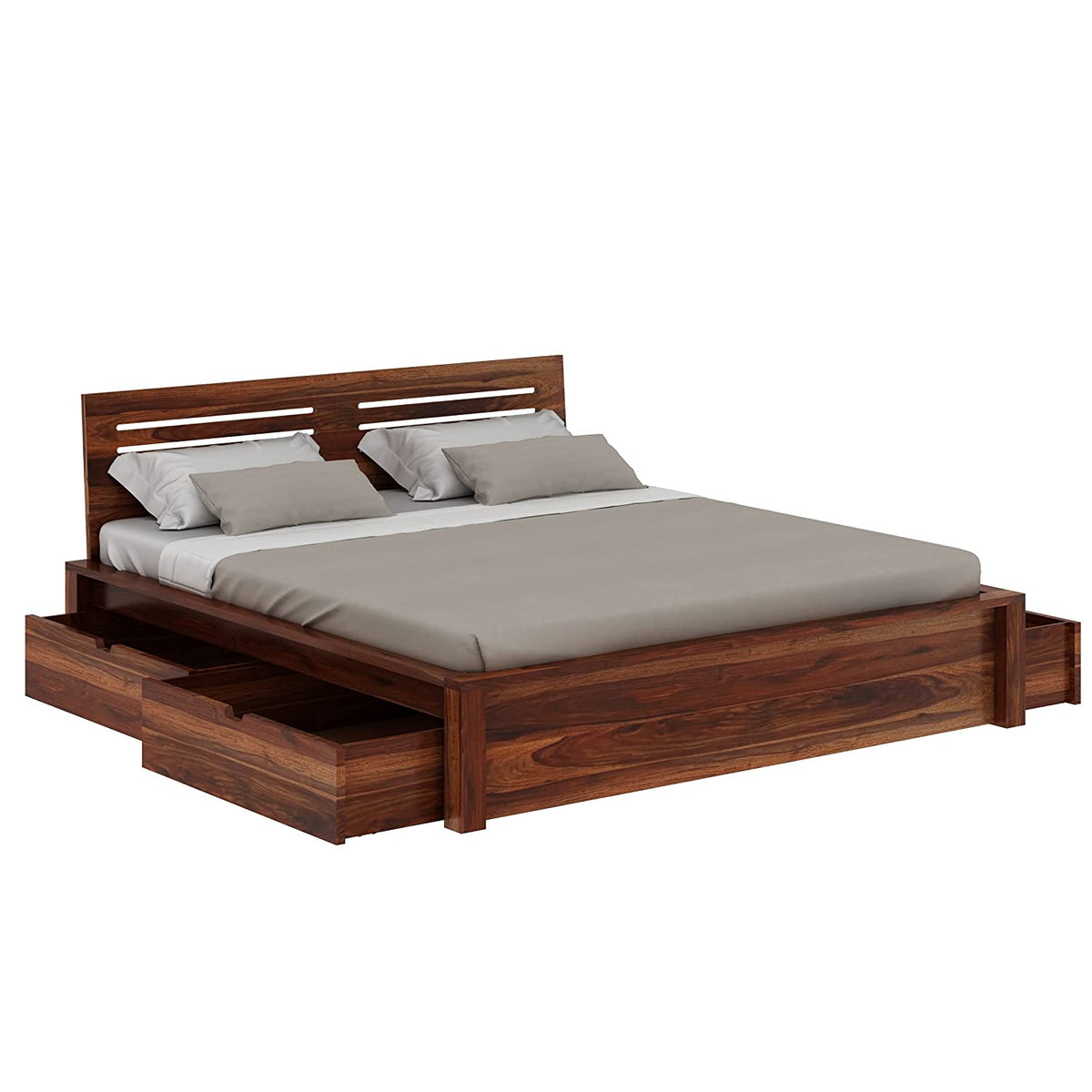 Due Solid Sheesham Wood Bed With Four Drawers (King Size, Natural Finish)