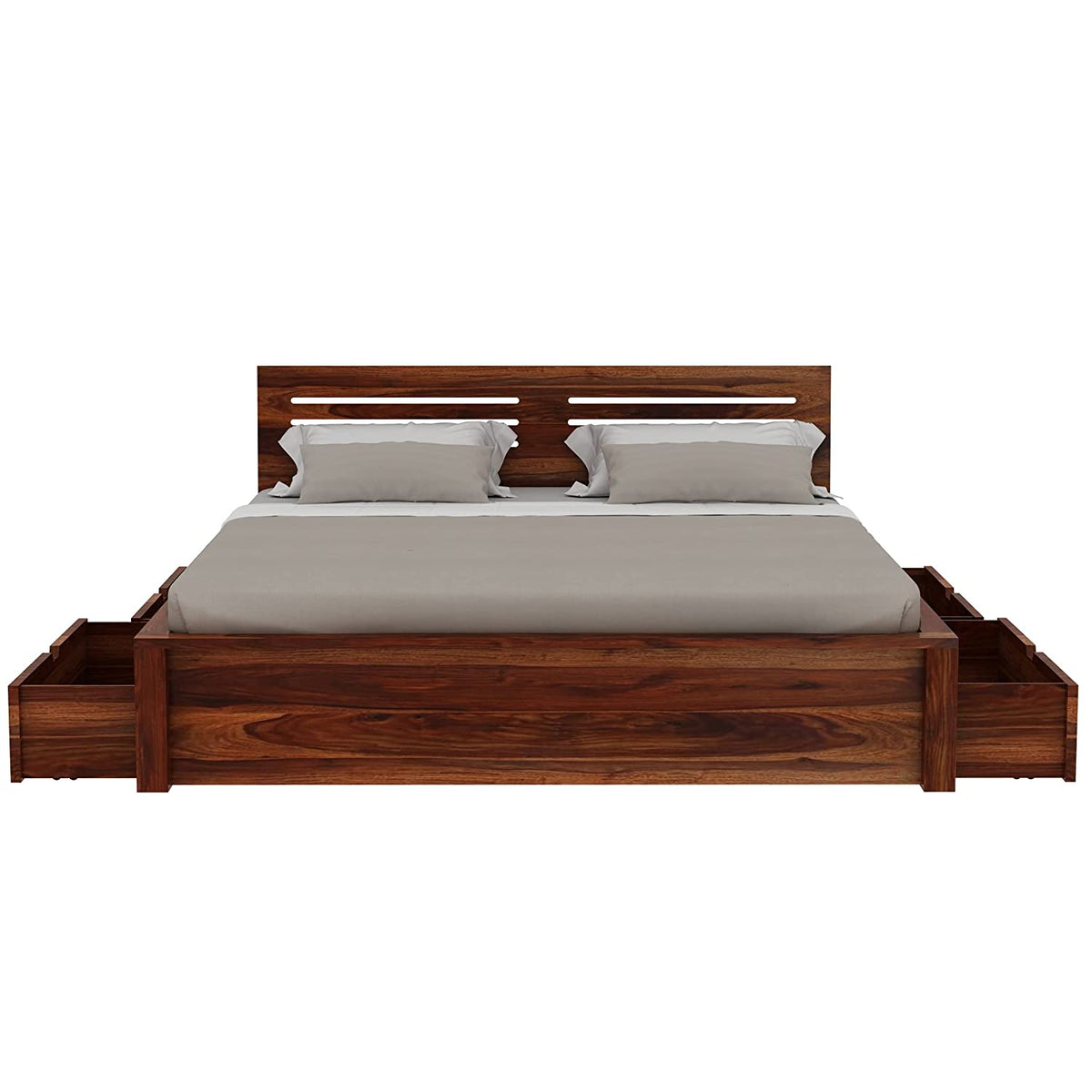 Due Solid Sheesham Wood Bed With Four Drawers (King Size, Natural Finish)