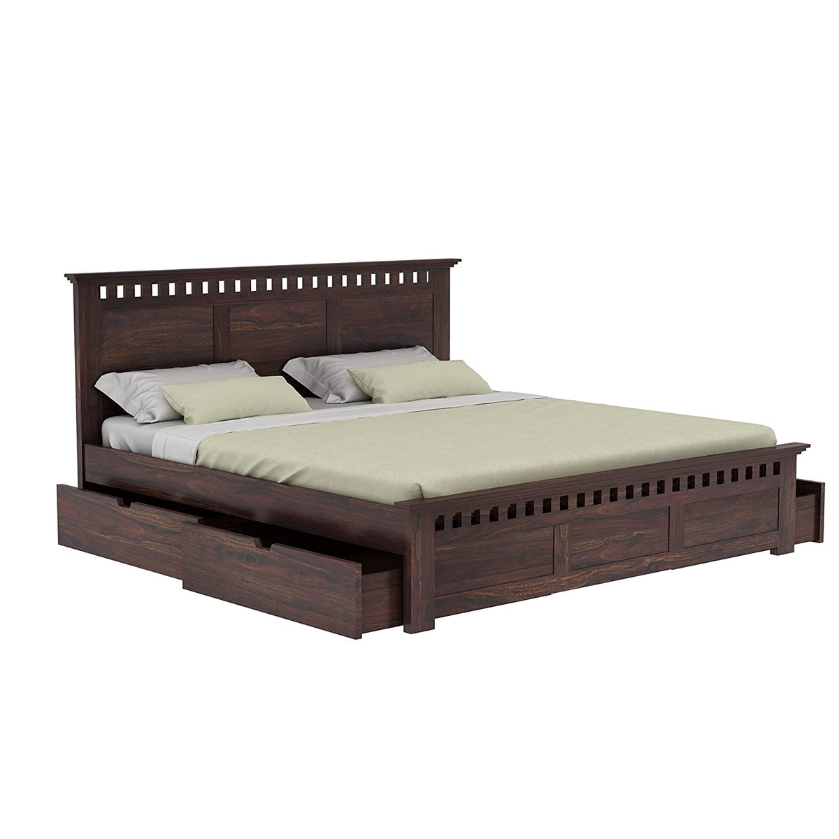 Amer Solid Sheesham Wood Bed With Four Drawers (King Size, Walnut Finish)