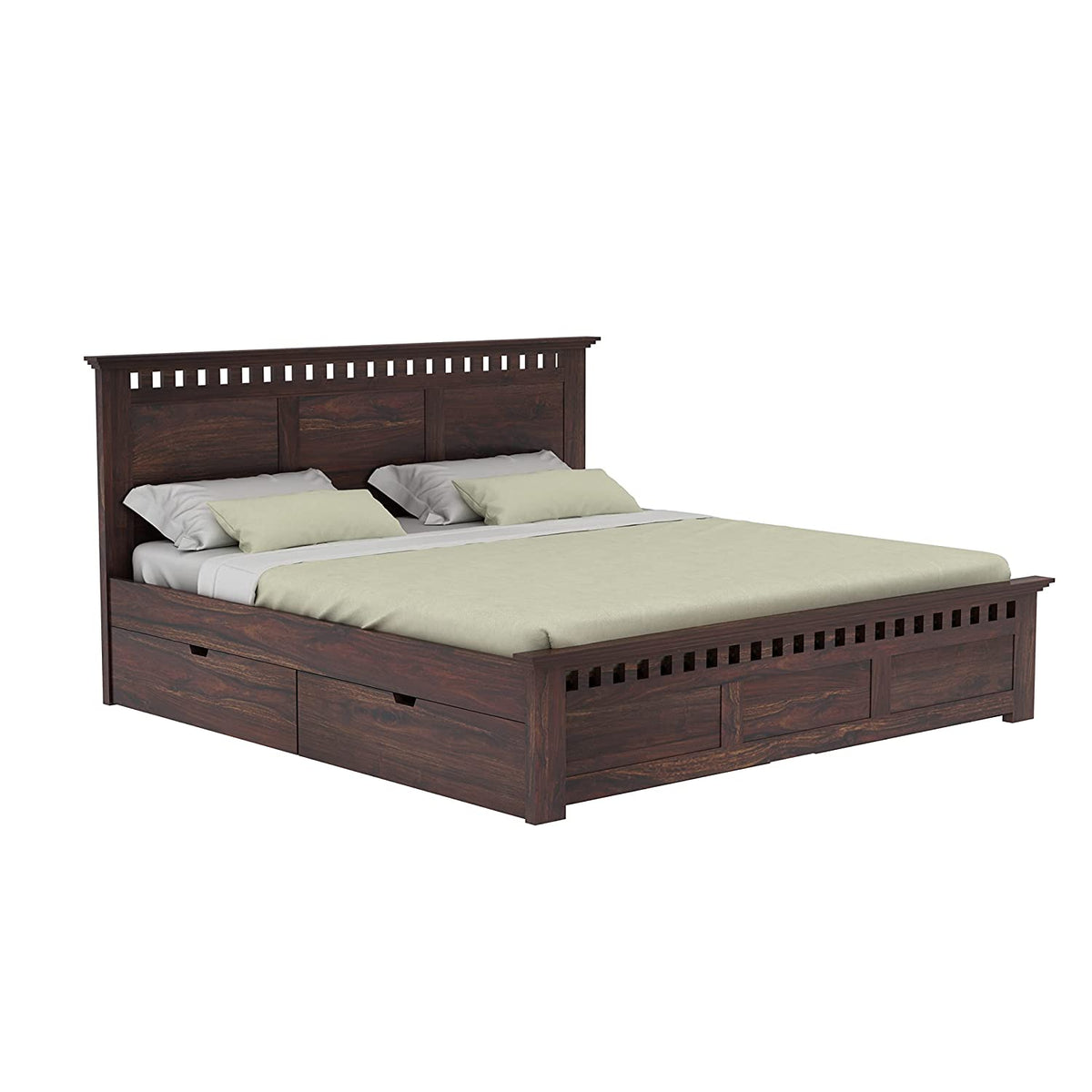 Amer Solid Sheesham Wood Bed With Four Drawers (Queen Size, Walnut Finish)