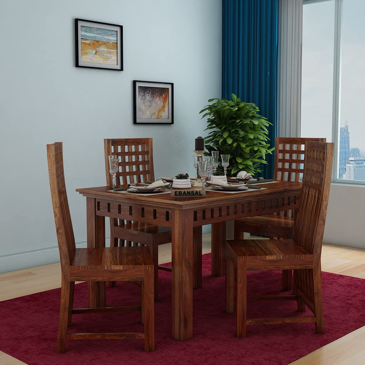 Amer Solid Sheesham Wood 4 Seater Dining Set (Without Cushion, Natural Finish)