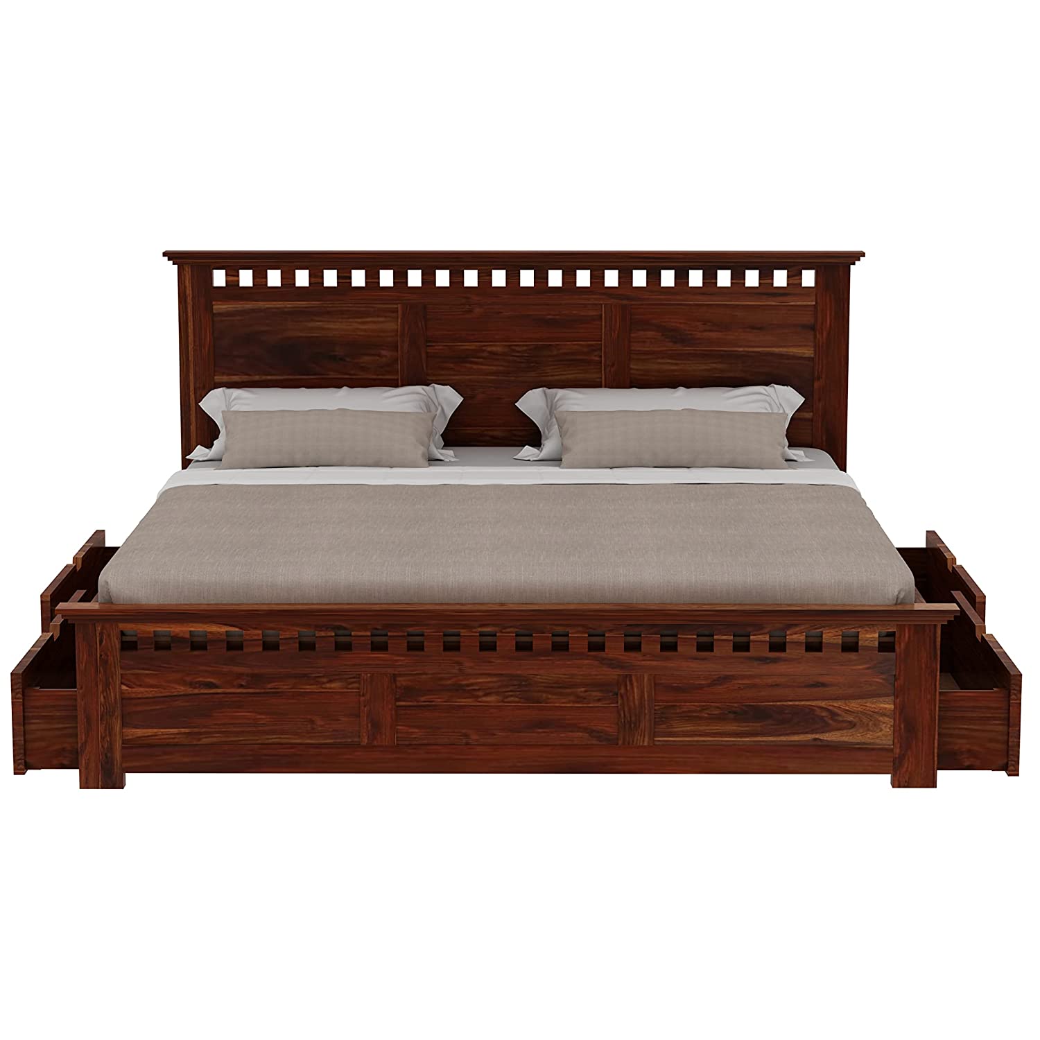 Amer Solid Sheesham Wood Bed With Four Drawers (Queen Size, Natural Finish)