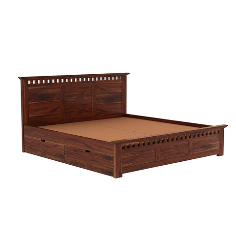 Amer Solid Sheesham Wood Bed With Four Drawers (Queen Size, Natural Finish)