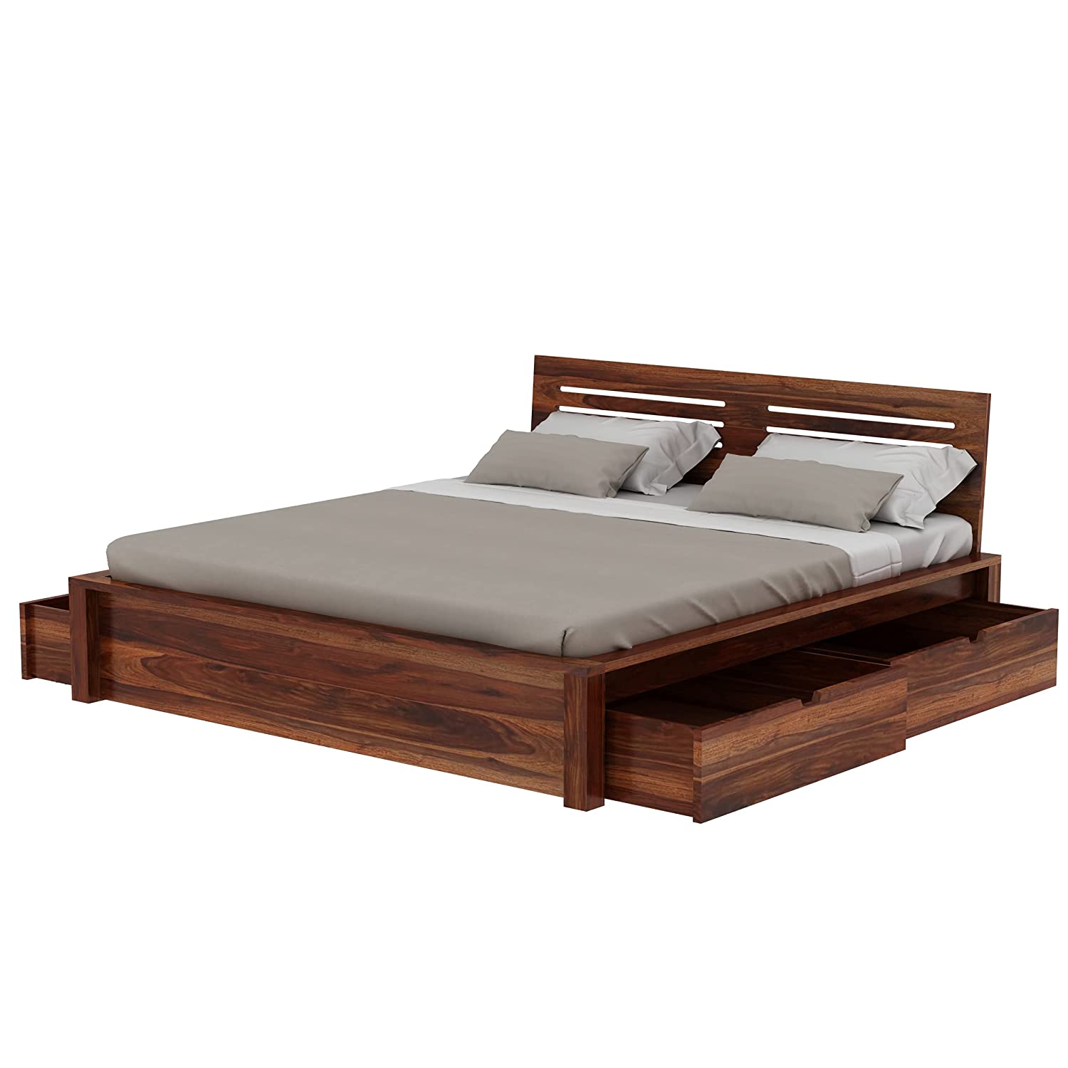 Due Solid Sheesham Wood Bed With Four Drawers (Queen Size, Natural Finish)