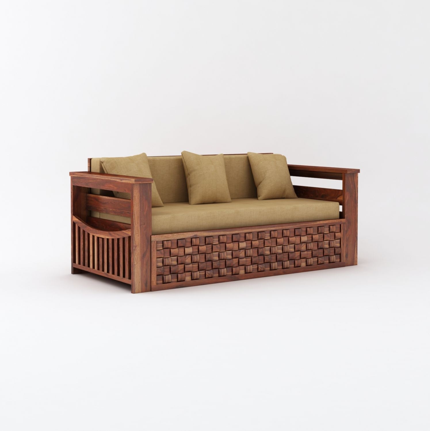 Olivia Solid Sheesham Wood 3 Seater Sofa Cum Bed (Natural Finish)