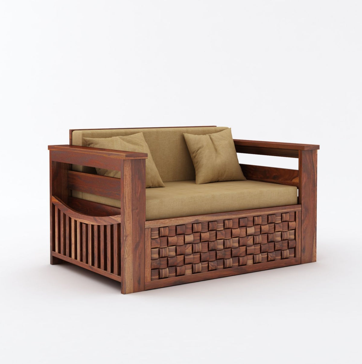Olivia Solid Sheesham Wood 2 Seater Sofa Cum Bed (Natural Finish)
